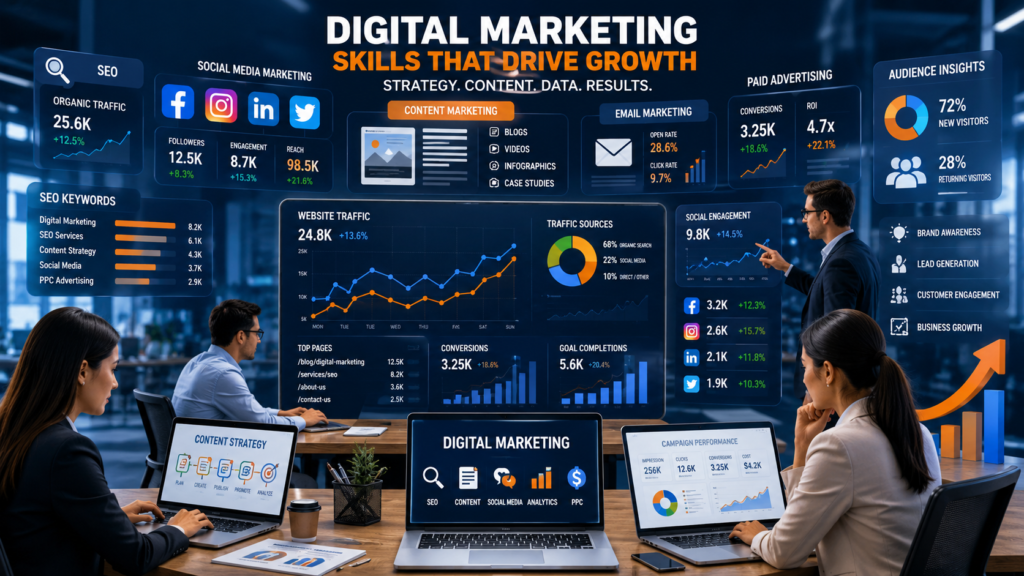 Digital marketing professionals analyzing SEO, social media, content marketing, and business growth strategies