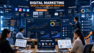 Digital marketing professionals analyzing SEO, social media, content marketing, and business growth strategies