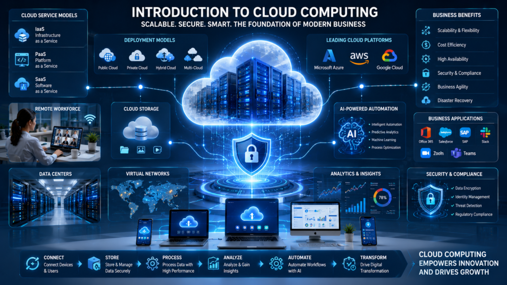 Cloud computing infrastructure connecting businesses through secure cloud services, AI automation, and scalable digital platforms