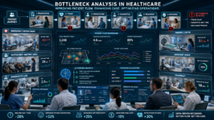 Healthcare professionals analyzing patient flow bottlenecks using hospital dashboards, healthcare analytics, and process optimization tools