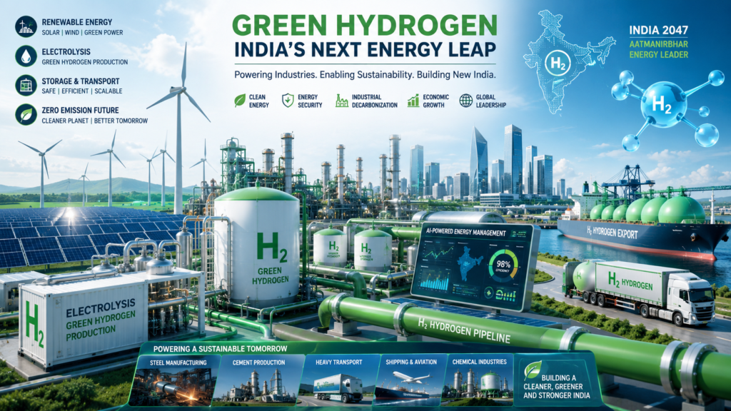 Green hydrogen production facility powered by solar and wind energy supporting India's clean energy transition