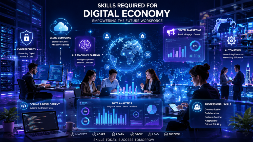 Professionals using AI, data analytics, cloud computing, cybersecurity, and digital technologies in the digital economy
