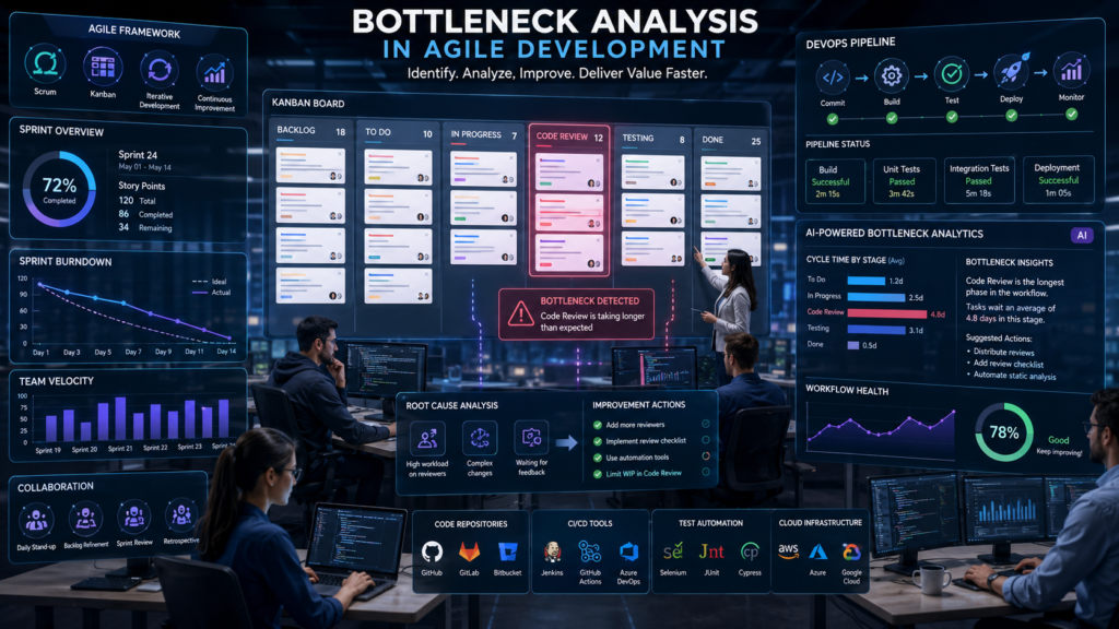 Software development team using bottleneck analysis in Agile workflow with Kanban boards and analytics dashboards.