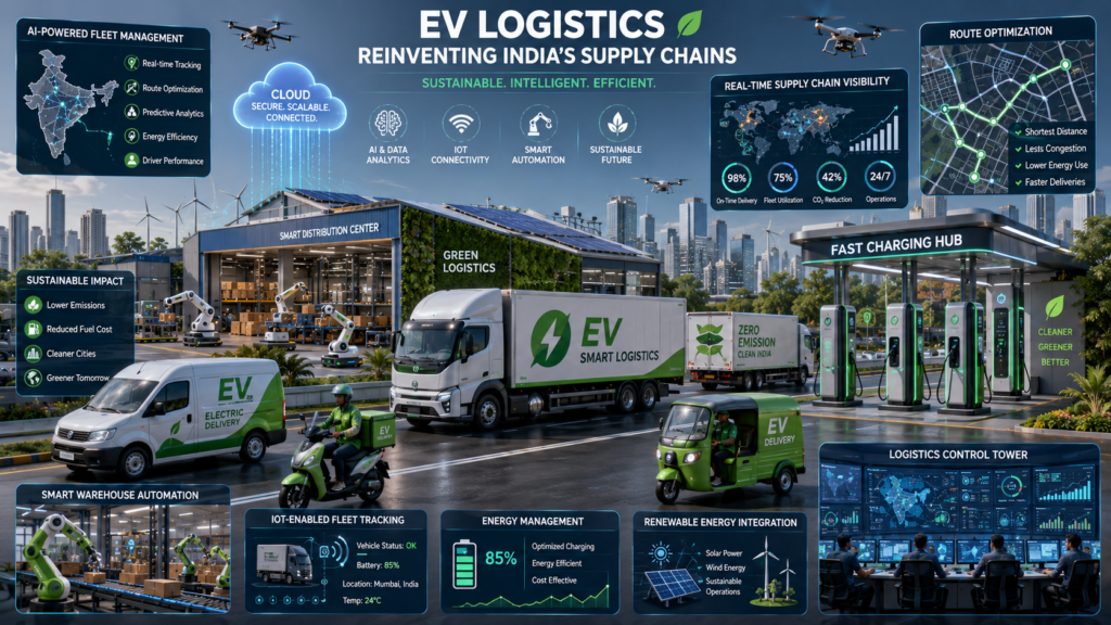 EV logistics ecosystem powered by electric delivery vehicles, AI fleet management, smart charging stations, and sustainable supply chain infrastructure in India.