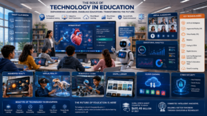 Technology transforming modern education through AI-powered classrooms, online learning platforms, and digital collaboration