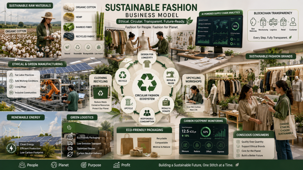 Sustainable fashion business model using eco-friendly materials and ethical manufacturing practices.